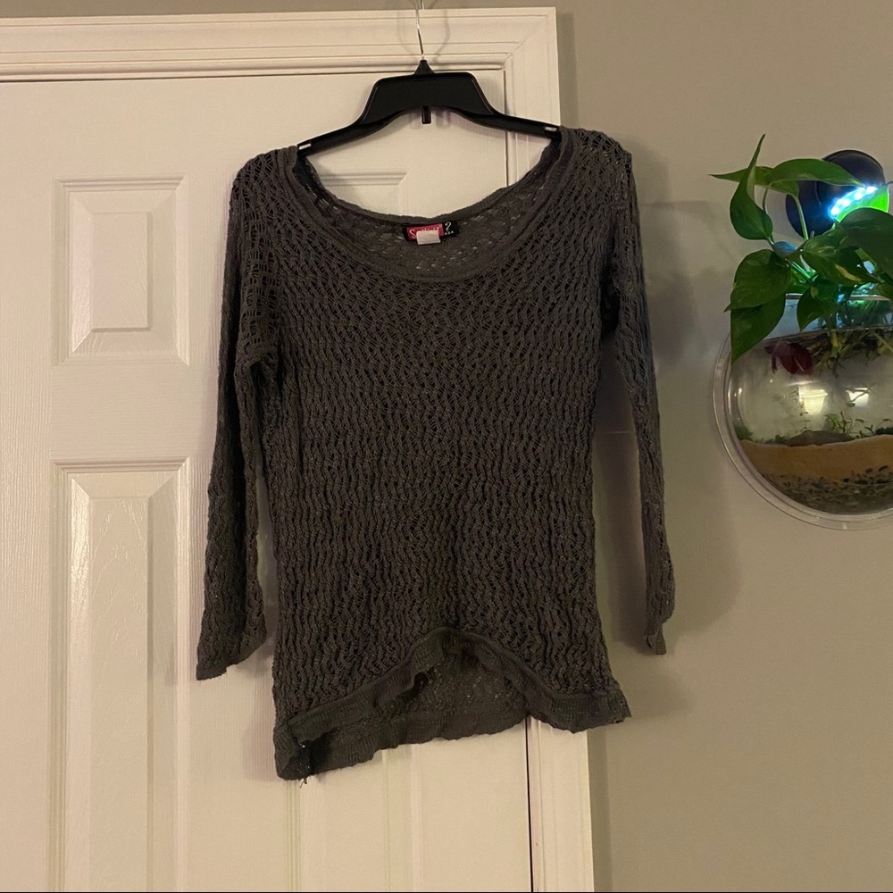 Gray Open Knit Scoop Neck Sweater Size Medium Semi Sheer Womens